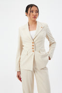 Bej Kadın Günlük Blazer Pantolon Set Dört Düğmeli Klasik Kesim