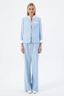 Mandarin Collar Baby Blue Women's Blazer and Wide Leg Trousers