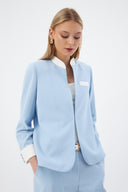 Mandarin Collar Baby Blue Women's Blazer and Wide Leg Trousers