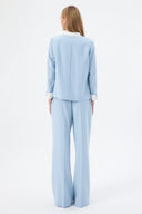 Mandarin Collar Baby Blue Women's Blazer and Wide Leg Trousers