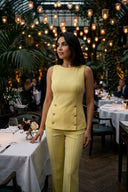 Sarı Renk Gold Düğme Detaylı Kolsuz Ofis Takım Pantolon Set