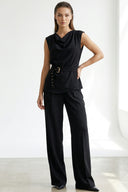 Siyah Kemer Detaylı Drapeli Yaka Şık Kadın Ofis Takımı