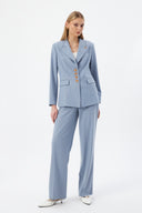 Mavi Kadın Günlük Blazer Pantolon Set Dört Düğmeli Klasik Kesim