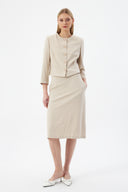 Bej Kadın Yuvarlak Yaka Düğmeli Ceket ve Midi Etek Set