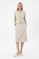 Bej Kadın Yuvarlak Yaka Düğmeli Ceket ve Midi Etek Set