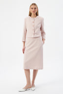 Pudra Kadın Yuvarlak Yaka Düğmeli Ceket ve Midi Etek Set
