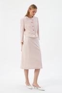 Powder Pink Women's Round Neck Button-Down Jacket and Midi Skirt Set