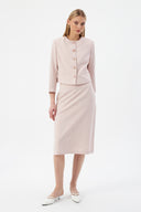 Powder Pink Women's Round Neck Button-Down Jacket and Midi Skirt Set