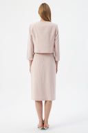 Powder Pink Women's Round Neck Button-Down Jacket and Midi Skirt Set