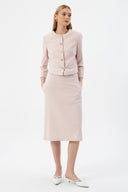 Powder Pink Women's Round Neck Button-Down Jacket and Midi Skirt Set