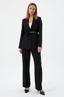 Çiçek Detaylı Siyah Kadın Blazer Ceket ve Geniş Paça Pantolon
