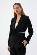 Çiçek Detaylı Siyah Kadın Blazer Ceket ve Geniş Paça Pantolon