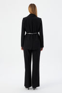 Çiçek Detaylı Siyah Kadın Blazer Ceket ve Geniş Paça Pantolon