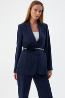 Çiçek Detaylı Lacivert Kadın Blazer Ceket ve Geniş Paça Pantolon