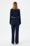Çiçek Detaylı Lacivert Kadın Blazer Ceket ve Geniş Paça Pantolon
