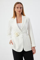 Çiçek Detaylı Ekru-Siyah Kadın Blazer Ceket ve Geniş Paça Pantolon