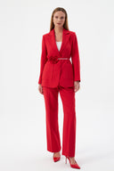 Çiçek Detaylı Kırmızı Kadın Blazer Ceket ve Geniş Paça Pantolon