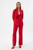 Çiçek Detaylı Kırmızı Kadın Blazer Ceket ve Geniş Paça Pantolon