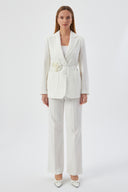Floral Detail Ecru Women's Blazer Jacket and Wide Leg Trousers