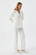 Floral Detail Ecru Women's Blazer Jacket and Wide Leg Trousers