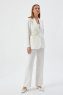 Floral Detail Ecru Women's Blazer Jacket and Wide Leg Trousers