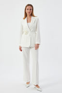 Floral Detail Ecru Women's Blazer Jacket and Wide Leg Trousers