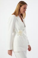 Floral Detail Ecru Women's Blazer Jacket and Wide Leg Trousers