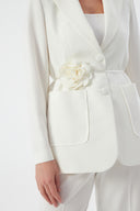 Floral Detail Ecru Women's Blazer Jacket and Wide Leg Trousers