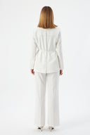 Floral Detail Ecru Women's Blazer Jacket and Wide Leg Trousers