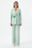 Floral Detail Mint Women's Blazer Jacket and Wide Leg Trousers
