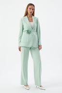 Floral Detail Mint Women's Blazer Jacket and Wide Leg Trousers