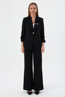 Black Women's Blazer and Pants Set with Shawl Collar, Single Button, and Floral Detail