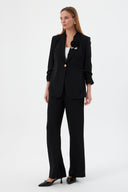 Black Women's Blazer and Pants Set with Shawl Collar, Single Button, and Floral Detail