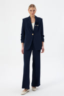 Navy Blue Women's Blazer and Pants Set with Shawl Collar, Single Button, and Floral Detail