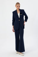Navy Blue Women's Blazer and Pants Set with Shawl Collar, Single Button, and Floral Detail