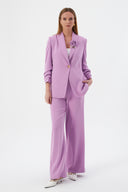 Purple Women's Blazer and Pants Set with Shawl Collar, Single Button, and Floral Detail