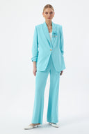 Turquoise Women's Blazer and Pants Set with Shawl Collar, Single Button, and Floral Detail