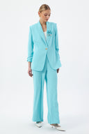 Turquoise Women's Blazer and Pants Set with Shawl Collar, Single Button, and Floral Detail