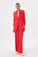 Kırmızı Kadın Blazer Pantolon Set Şal Yaka Tek Düğmeli Çiçek Detaylı