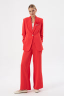 Kırmızı Kadın Blazer Pantolon Set Şal Yaka Tek Düğmeli Çiçek Detaylı