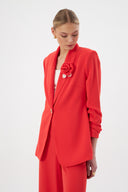 Kırmızı Kadın Blazer Pantolon Set Şal Yaka Tek Düğmeli Çiçek Detaylı