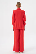 Kırmızı Kadın Blazer Pantolon Set Şal Yaka Tek Düğmeli Çiçek Detaylı