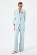 Blue Women's Blazer and Pants Set with Shawl Collar, Single Button, and Floral Detail
