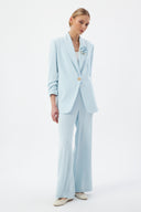 Blue Women's Blazer and Pants Set with Shawl Collar, Single Button, and Floral Detail