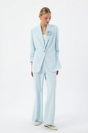 Blue Women's Blazer and Pants Set with Shawl Collar, Single Button, and Floral Detail