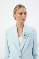Blue Women's Blazer and Pants Set with Shawl Collar, Single Button, and Floral Detail