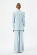 Blue Women's Blazer and Pants Set with Shawl Collar, Single Button, and Floral Detail