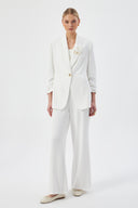 Off-White Women's Blazer and Pants Set with Shawl Collar, Single Button, and Floral Detail