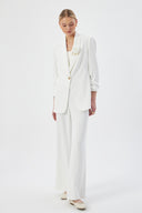 Off-White Women's Blazer and Pants Set with Shawl Collar, Single Button, and Floral Detail