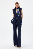 Fular Detaylı Kadın Lacivert Blazer Yelek ve Geniş Paça Pantolon
